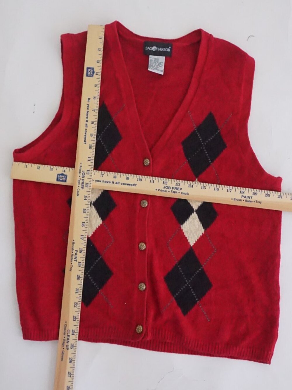 Vintage Sag Harbor Red Argyle Diamond Button V Neck Ribbed Knit Sweater Vest L - Picture 3 of 9